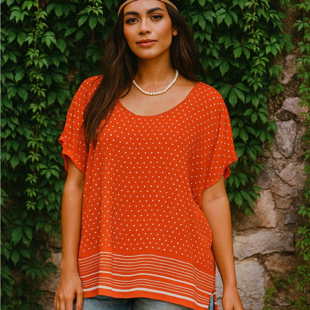 ODILLE/ANTHRO Orange and White Dotted Relaxed Fit Blouse, S